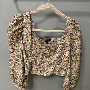 Lulu's Floral Puff-Sleeve Square-Neck Crop Top in Pink and Yellow